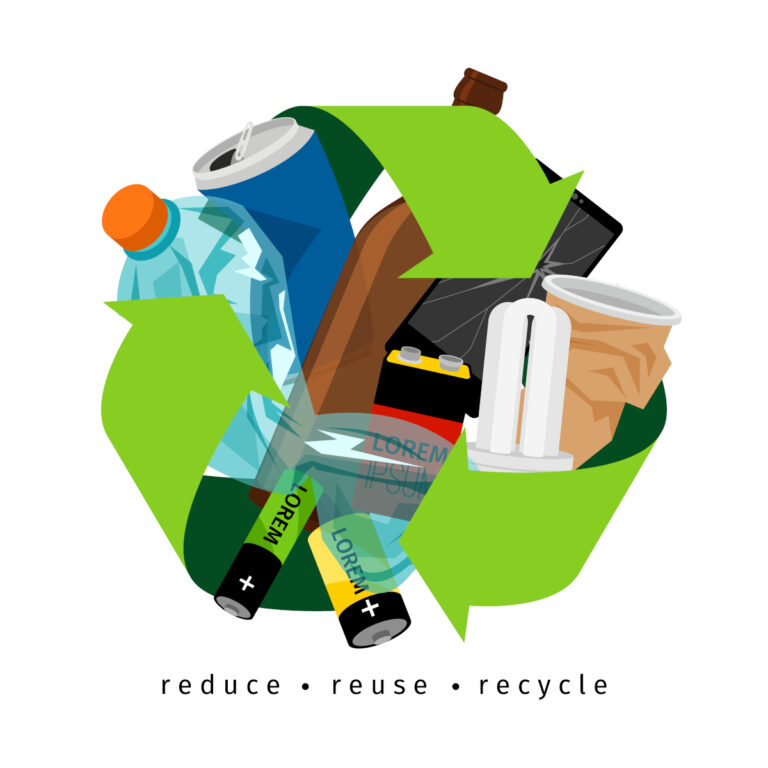 na białym tle etykieta recyklingu ze znakiem śmieci i recyklingu. Strzałki są koloru zielonego, a pomiędzy kolorowe odpady tj. plastikowa butelka, kubek, puszka, baterie i żarówka. Poniżej znajduje się napis: reduce reuse recycle. oddzielone pomiędzy sobą kropką