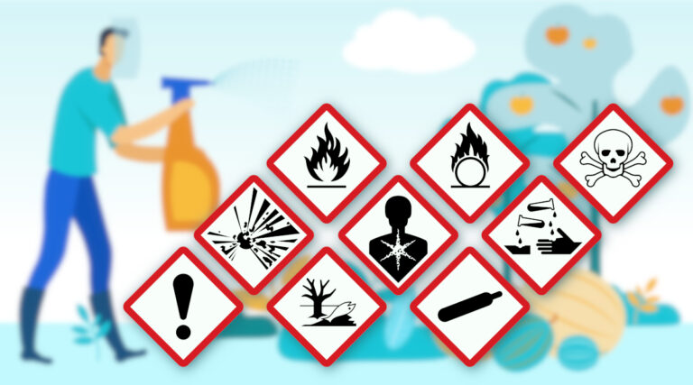 W centralnej części obrazka widocznych jest 9 piktogramów ostrzegawczych informujących o typach zagrożenia. W tle widoczny jest obrazek przedstawiający człowieka rozpryskującego środek na szkodniki na owocach ogrodowych.