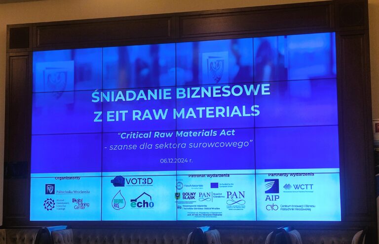 Wyświetlony slajd, na którym napisane jest białą czcionką na niebieskim tle. drukowanymi literami Śniadanie Biznesowe z EIT RAW MATERIALS,"Critical Raw Materials Act- szanse dla sektora surowcowego" 06.12.2024 r. Poniżej umieszczono loga patronów wydarzenia.