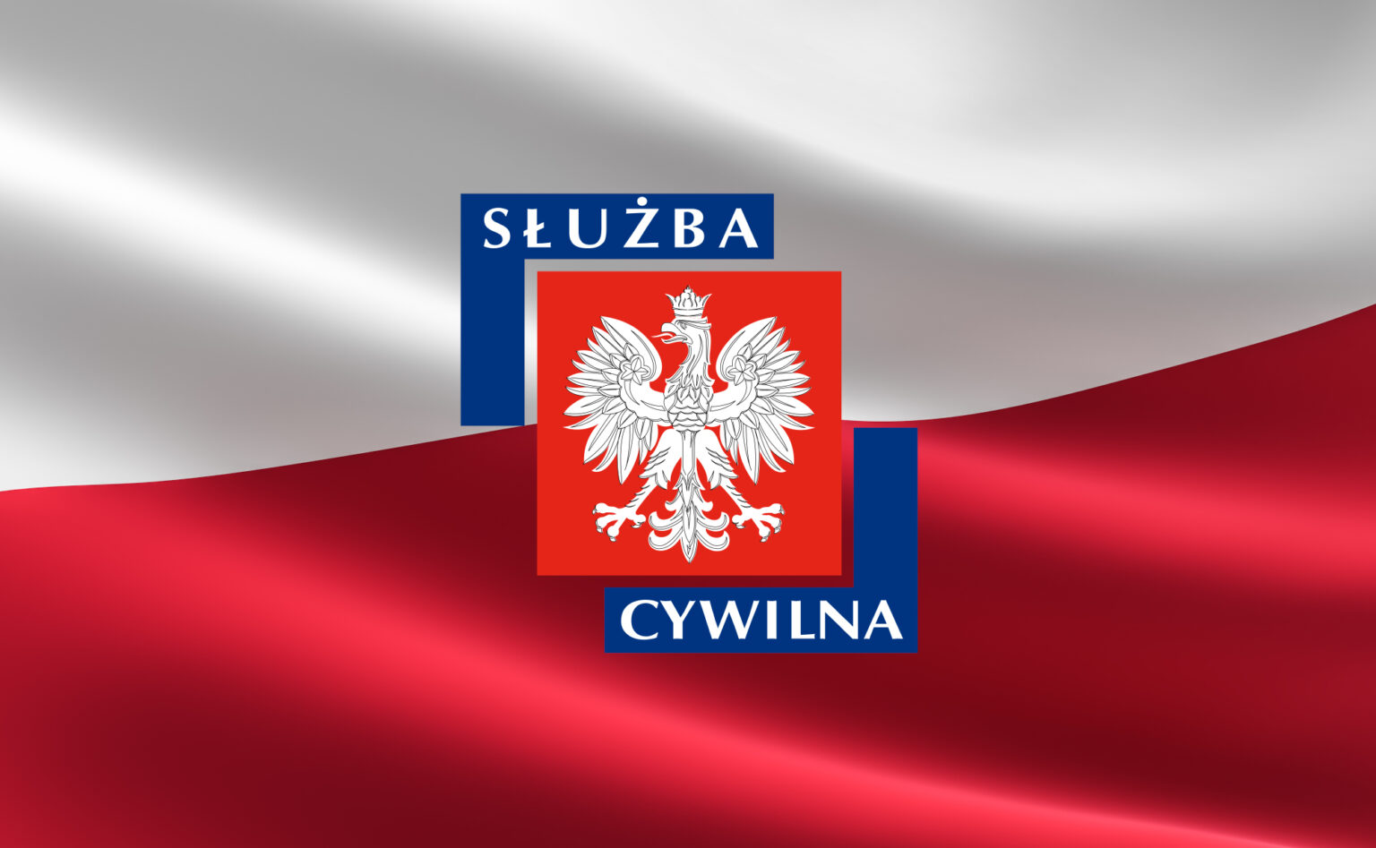 Na biało-czerwonym tle znajduje się godło Polski z podpisem Służba Cywilna