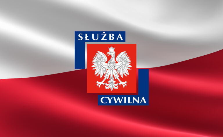Na biało-czerwonym tle znajduje się godło Polski z podpisem Służba Cywilna