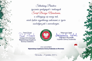 Grafika ozdobna, kartka z życzeniami Wesołych Świąt od kierownictwa i pracowników Wojewódzkiego Inspektoratu Ochrony Środowiska